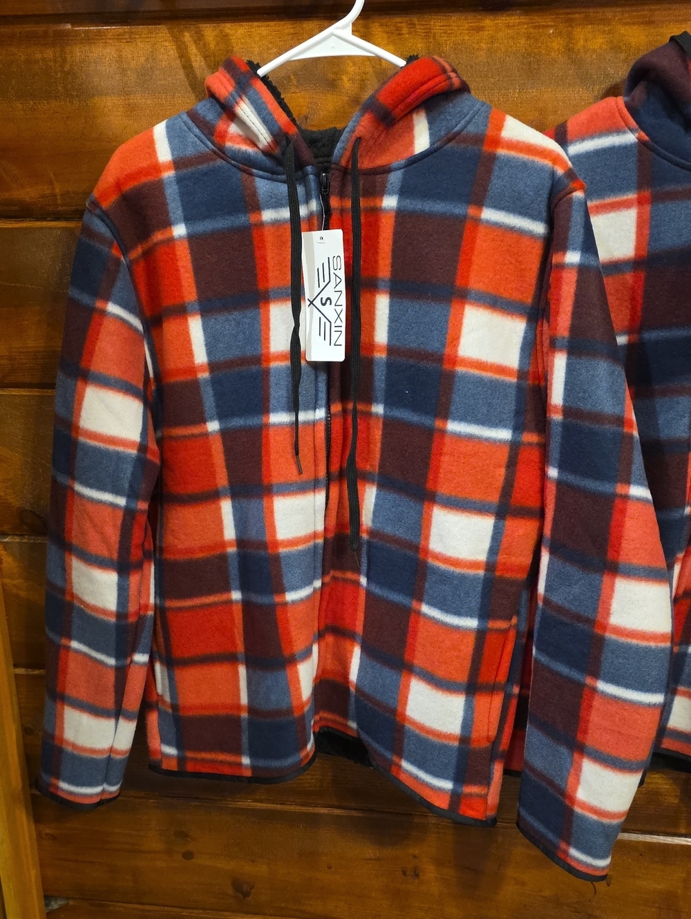 Plaid Fleece Hooded Jacket - Red & Navy. New.